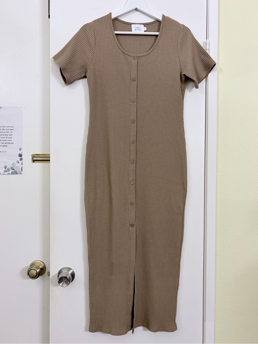 Things Between Ribbed Button Front Midi Dress Brown Stretch Bodycon S Minimalist